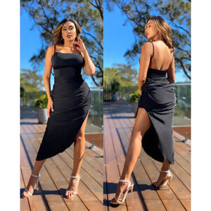 NWT Jadore Sleeveless Asymmetrical Ruched Bodycon Satin Dress Black Womens 14 US